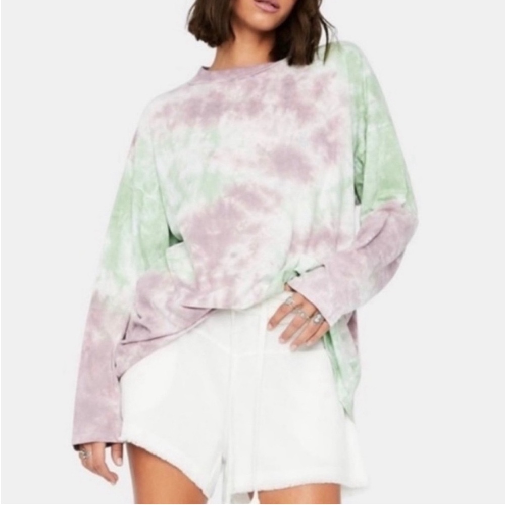 We The Free Oversized Green and lavender oversized t shirt, long sleeve tie dye